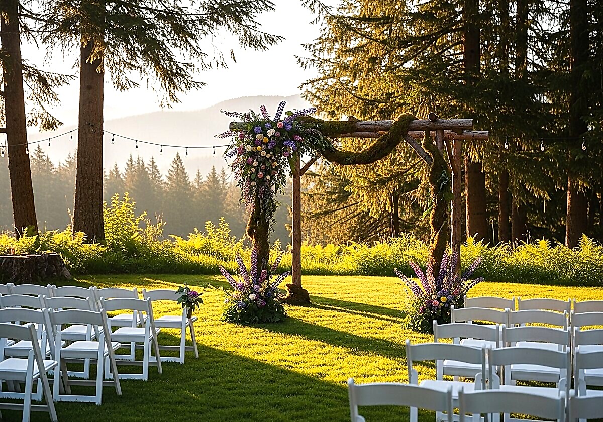 Outdoor wedding ceremony under a rustic wooden arbor