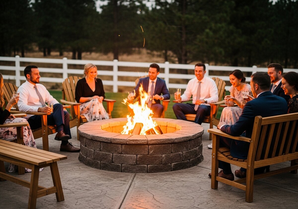 Wedding guests laughing and toasting around the stone fire pit at Sandy River Airport venue at dusk, Adirondack chairs and Oregon pine trees in the background