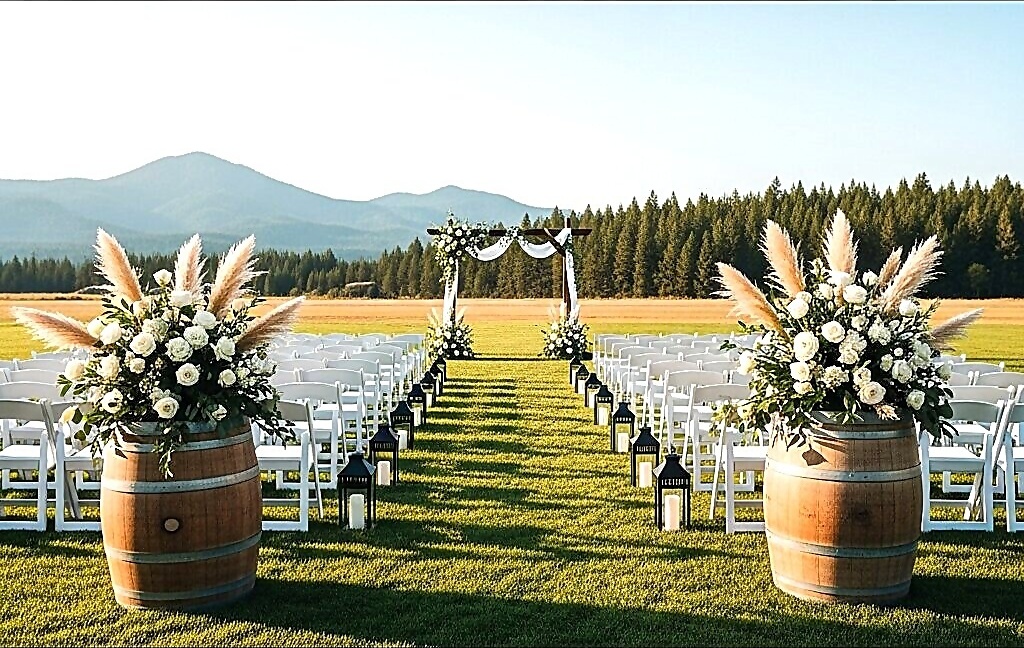 Ceremony aisle with wine barrels and pampas grass at Sandy River Airport wedding venue Oregon